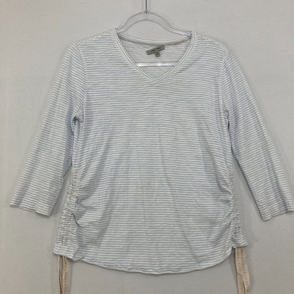 Lisa Todd size Small Blue White Striped Ruched Side Cotton Stretch V Neck Top